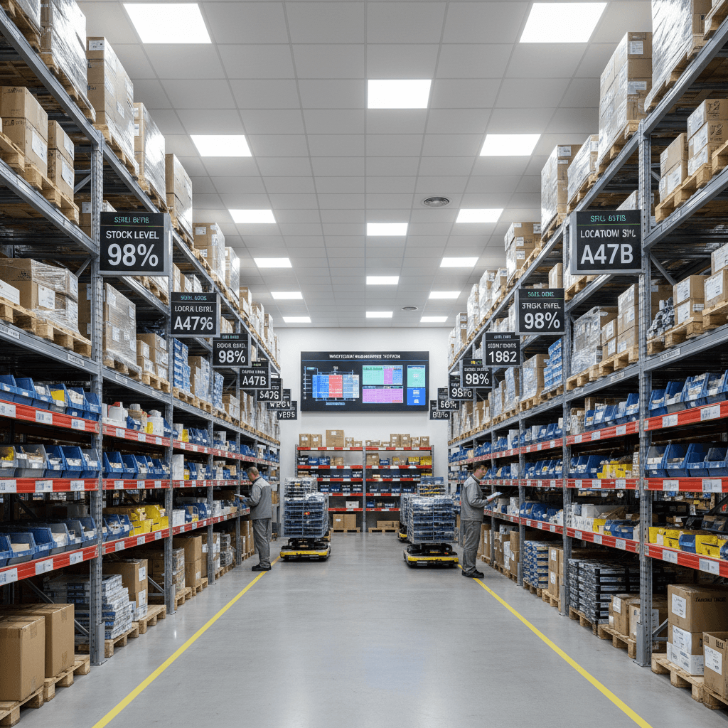 Organized warehouse shelving with inventory management