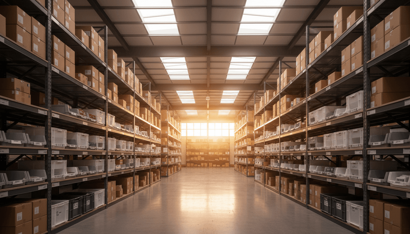 PNP enterprise warehouse interior with organized inventory shelving